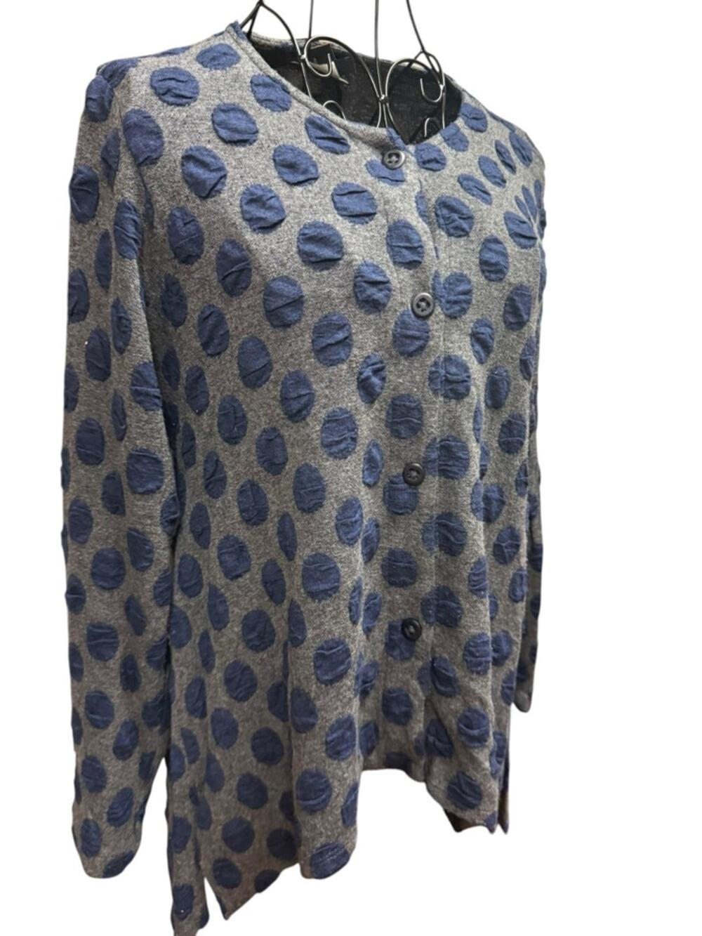 Spirithouse Gray Button-Front Polka Dot Sweater with Blue Accents Small